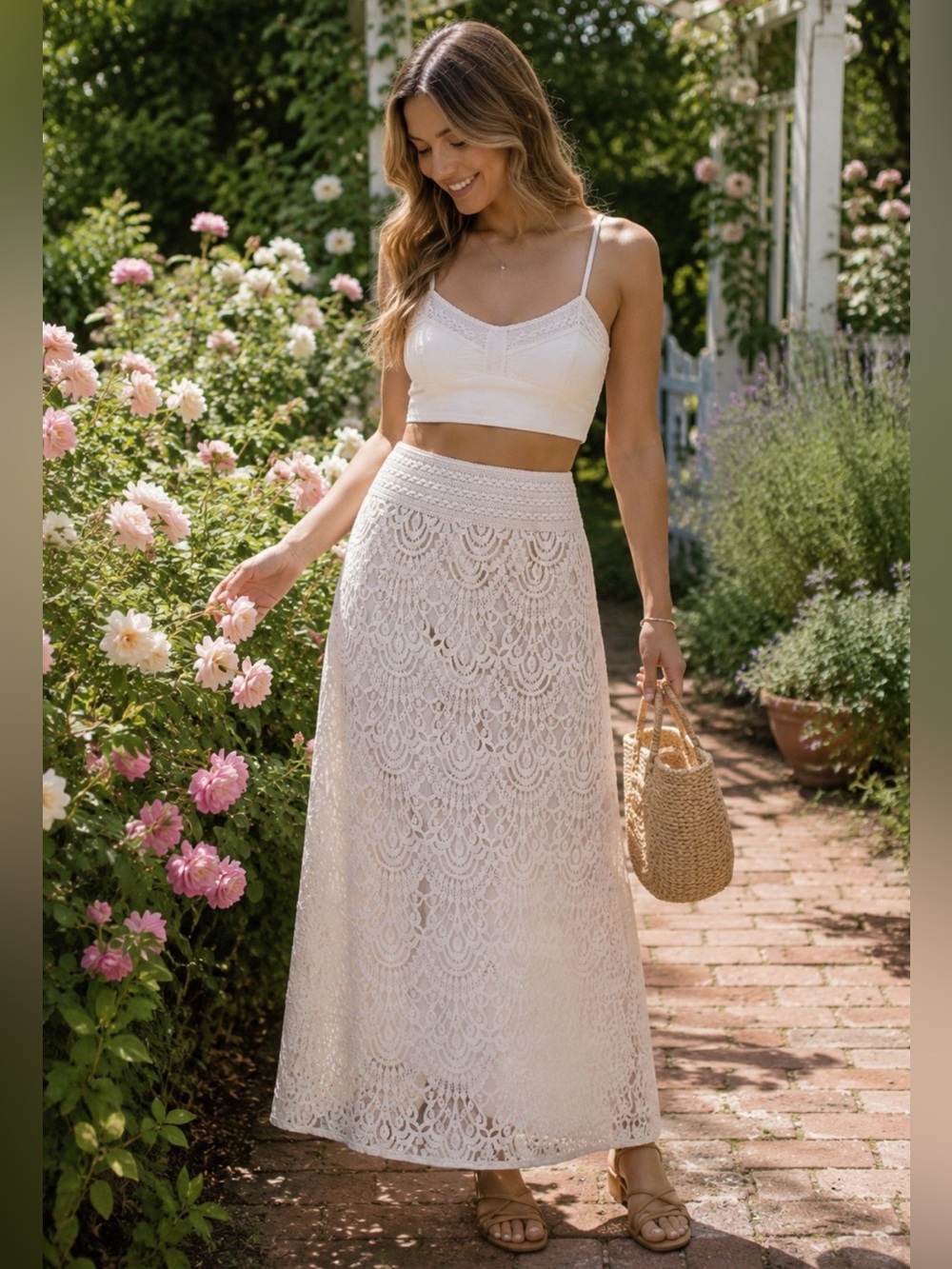 CATO White Crochet Lace Maxi Skirt M Boho Beachy Romantic Feminine Cottagecore